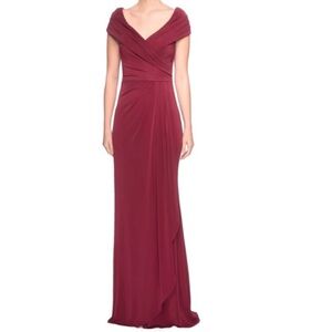 LA FEMME NEW Ruched Jersey Off Shoulder/ Portrait Column Gown in Wine Size US 16
